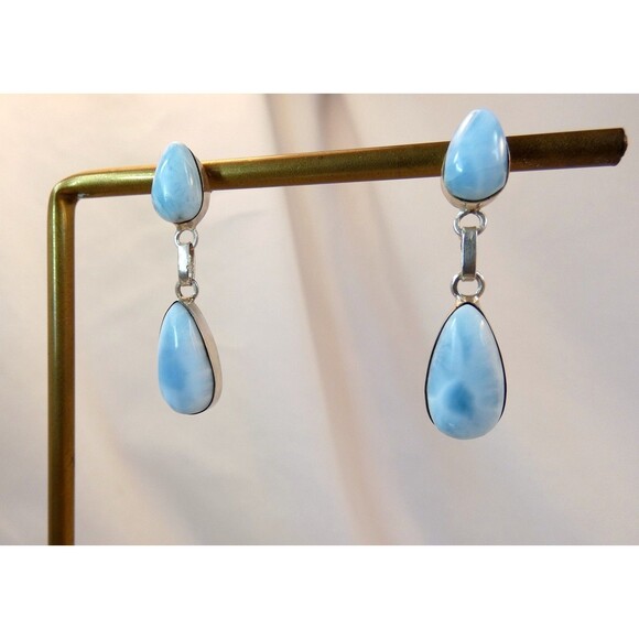 Larimar Sterling Silver Earrings Natural Vintage Blue Dolphin Stone Pectolite - Picture 6 of 6